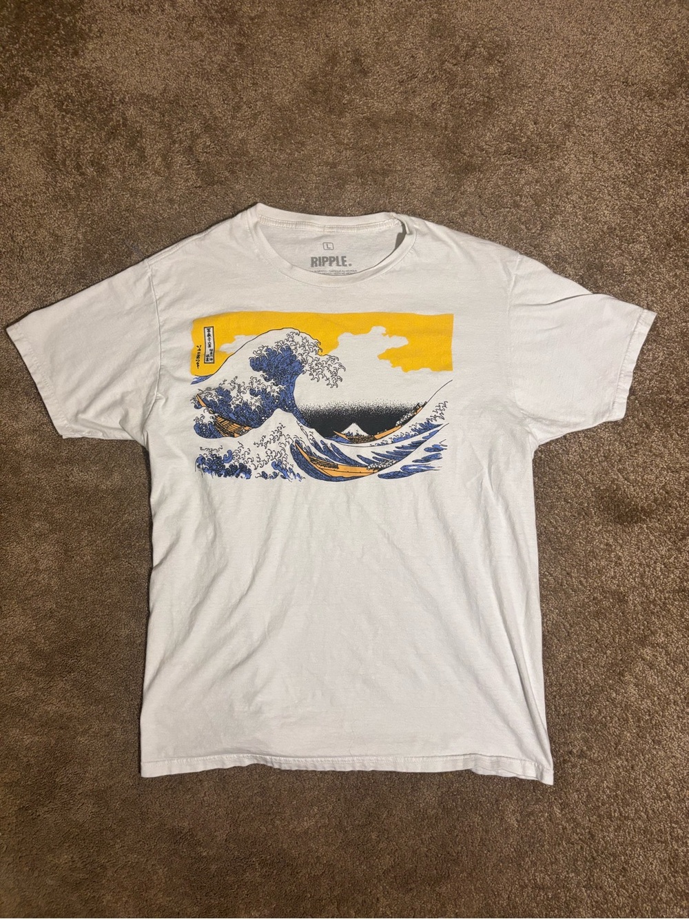 RIPPLE Men's White Great Wave off Kanagawa Graphic Crew Neck Cotton T-Shirt L
